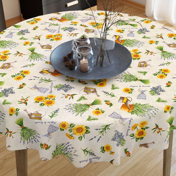Goldea față de masă decorativă verona - floarea soarelui și lavandă - rotundă Ø 140 cm