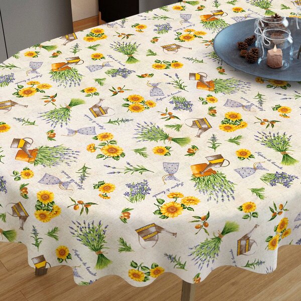 Goldea față de masă decorativă verona - floarea soarelui și lavandă - ovală 140 x 200 cm