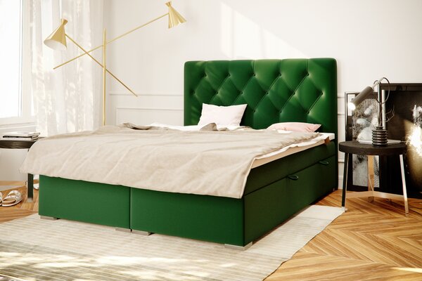 Pat matrimonial Boxspring 140 cm Ronda (verde închis) (cu sp. depozitare). 1020365