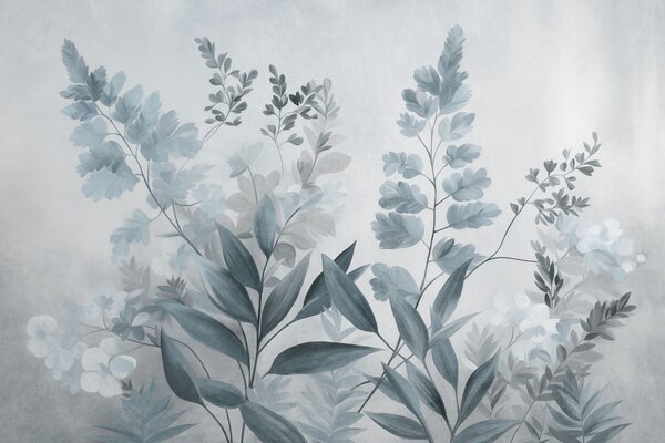 Tapet Artă botanică texturată, diverse plante și frunze în nuanțe de albastru și gri, Imagini de fundal unice, w09979v1 : Uwalls.ro