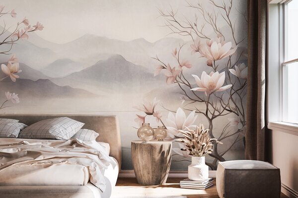 Tapet Munți și ramuri de magnolie roz înflorite, peisaj cu textură, Fototapet Flori, w10013 : Uwalls.ro