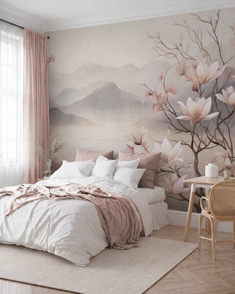 Tapet Munți și ramuri de magnolie roz înflorite, peisaj cu textură, Fototapet Flori, w10013 : Uwalls.ro