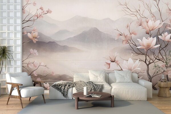 Tapet Munți și ramuri de magnolie roz înflorite, peisaj cu textură, Fototapet Flori, w10013 : Uwalls.ro