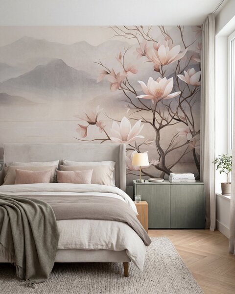 Tapet Munți și ramuri de magnolie roz înflorite, peisaj cu textură, Fototapet Flori, w10013 : Uwalls.ro