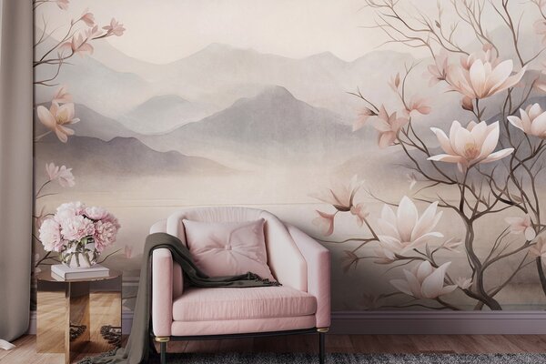 Tapet Munți și ramuri de magnolie roz înflorite, peisaj cu textură, Fototapet Flori, w10013 : Uwalls.ro