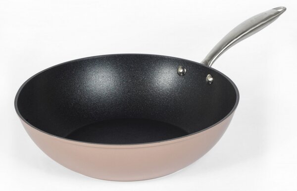 Tigaie wok antiaderenta din aluminiu forjat metalic Salter, 28 cm, Champagne, 10 Ani Garantie