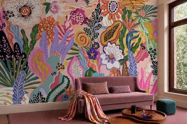 Tapet Motiv tropical plin de viață, cu flori, frunze și fructe colorate, Fototapet Flori, w05815 : Uwalls.ro