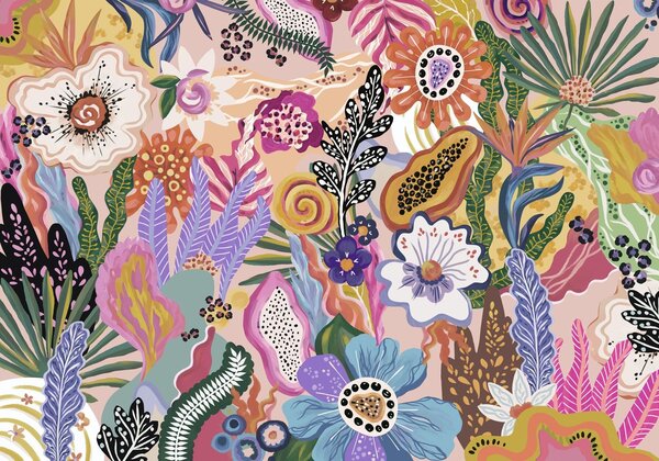 Tapet Motiv tropical plin de viață, cu flori, frunze și fructe colorate, Fototapet Flori, w05815 : Uwalls.ro