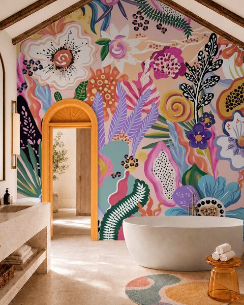 Tapet Motiv tropical plin de viață, cu flori, frunze și fructe colorate, Fototapet Flori, w05815 : Uwalls.ro