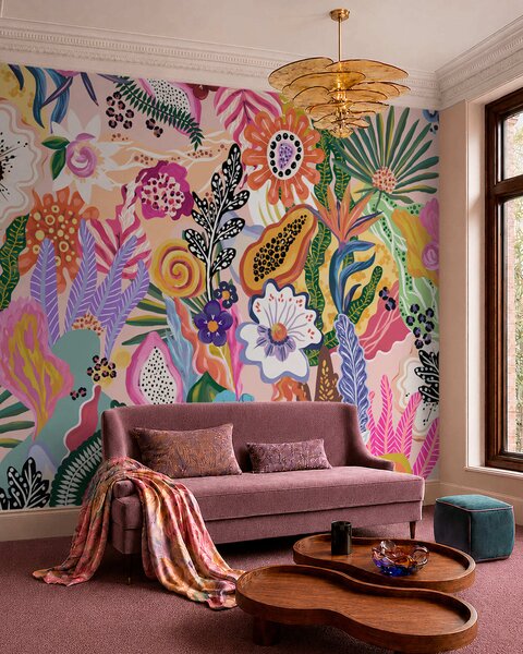 Tapet Motiv tropical plin de viață, cu flori, frunze și fructe colorate, Fototapet Flori, w05815 : Uwalls.ro
