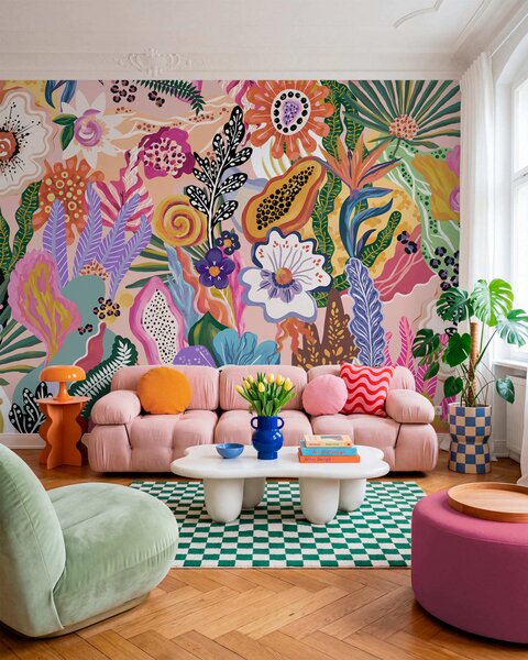 Tapet Motiv tropical plin de viață, cu flori, frunze și fructe colorate, Fototapet Flori, w05815 : Uwalls.ro