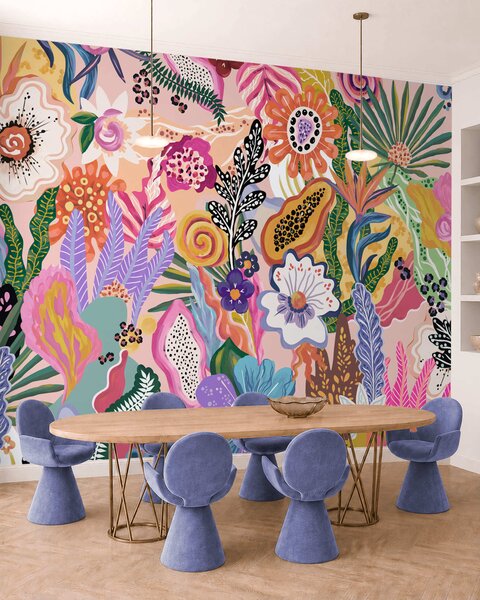 Tapet Motiv tropical plin de viață, cu flori, frunze și fructe colorate, Fototapet Flori, w05815 : Uwalls.ro