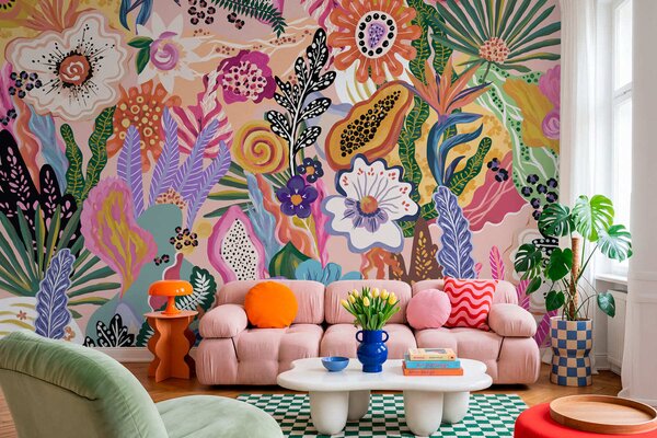 Tapet Motiv tropical plin de viață, cu flori, frunze și fructe colorate, Fototapet Flori, w05815 : Uwalls.ro
