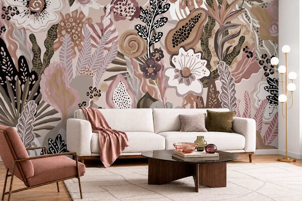 Tapet Motiv tropical în stil pudrat, cu flori, frunze și nuanțe delicate, discrete, Fototapet Flori, w05815v1 : Uwalls.ro