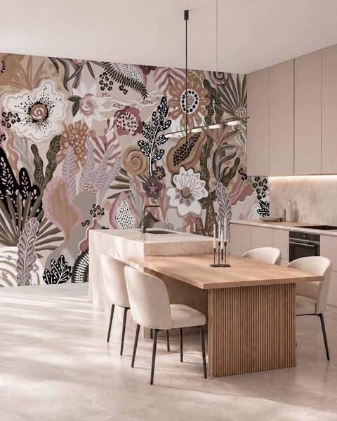 Tapet Motiv tropical în stil pudrat, cu flori, frunze și nuanțe delicate, discrete, Fototapet Flori, w05815v1 : Uwalls.ro
