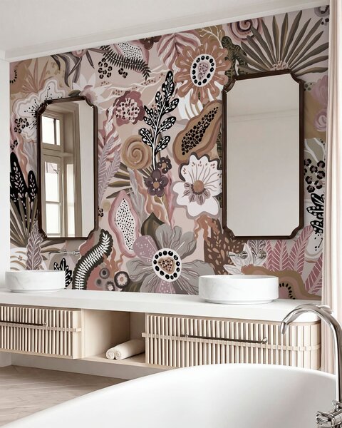 Tapet Motiv tropical în stil pudrat, cu flori, frunze și nuanțe delicate, discrete, Fototapet Flori, w05815v1 : Uwalls.ro
