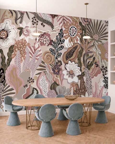 Tapet Motiv tropical în stil pudrat, cu flori, frunze și nuanțe delicate, discrete, Fototapet Flori, w05815v1 : Uwalls.ro