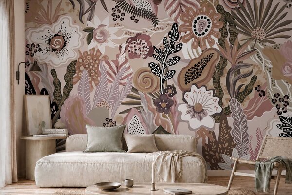 Tapet Motiv tropical în stil pudrat, cu flori, frunze și nuanțe delicate, discrete, Fototapet Flori, w05815v1 : Uwalls.ro