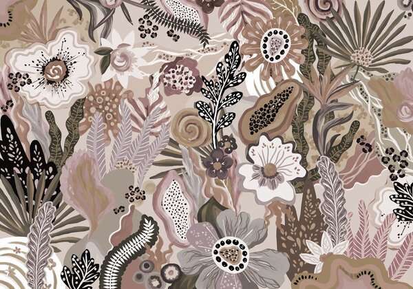 Tapet Motiv tropical în stil pudrat, cu flori, frunze și nuanțe delicate, discrete, Fototapet Flori, w05815v1 : Uwalls.ro