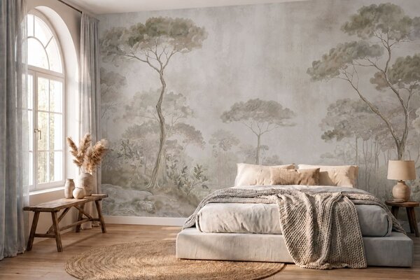 Tapet O pădure învăluită în ceață, lângă apele liniștite, în nuanțe pastelate naturale și delicate, Fototapet Natură, w05817 : Uwalls.ro