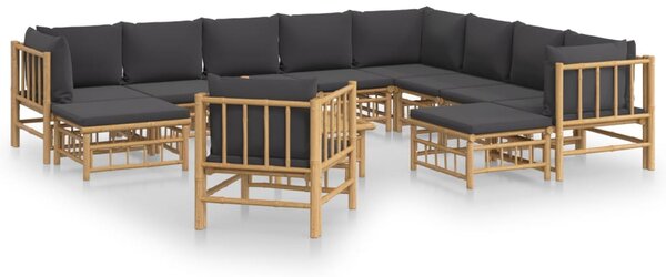 Set mobilier de grădină cu perne gri închis, 12 piese, bambus
