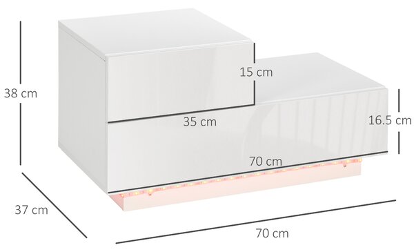 Noptieră LED Modernă HOMCOM | 16 Culori RGB cu Telecomandă | 2 Sertare | PAL | 70x37x38 cm | Alb | Aosom Romania