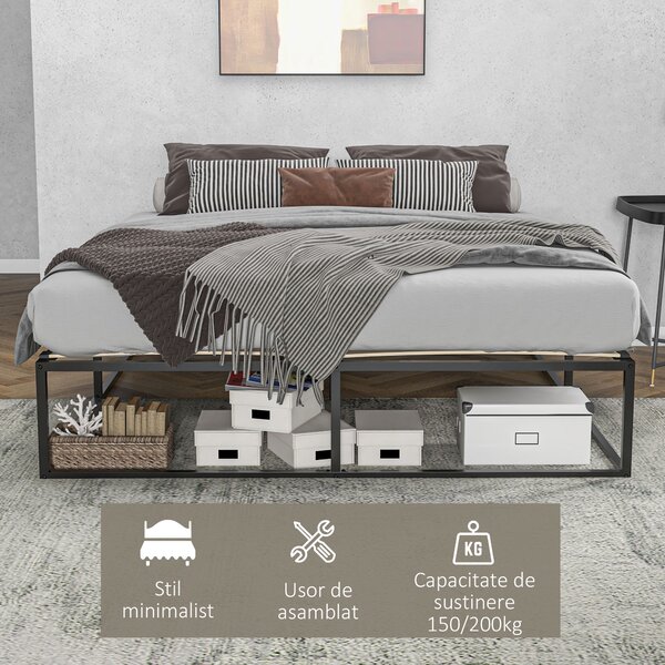 HOMCOM Cadru de Pat de 35cm cu Platforma Dubla din Otel, Cadru 190x160cm, cu Suport cu Lamele de Placaj si Depozitare sub Pat, Negru | Aosom Romania