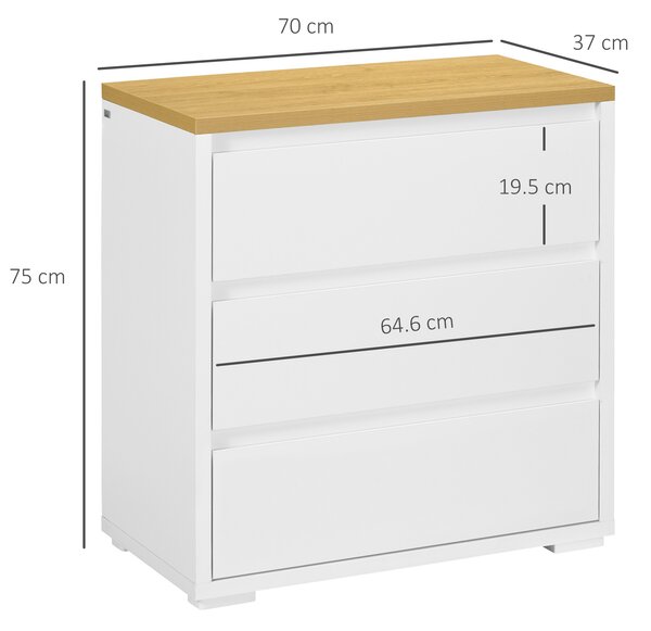 HOMCOM Comodă Depozitare, 3 Sertare, Mobilier Dormitor/Cameră de Zi, Alb/Lemn Natural | Aosom Romania