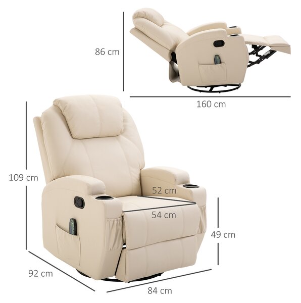 Fotoliu Relax HOMCOM pentru masaj cu 8 puncte, 5 modalitati si 2 intensitati, inclinabil si rotativ, 84x92x109cm, Crem | Aosom RO