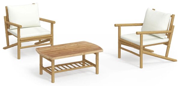 Set mobilier de grădină, cu perne alb crem, 3 piese, bambus