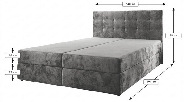 Pat boxspring tapițat GLORIEN VELVET 140x200 cm gri Saltea: Saltea cu arcuri Bonell