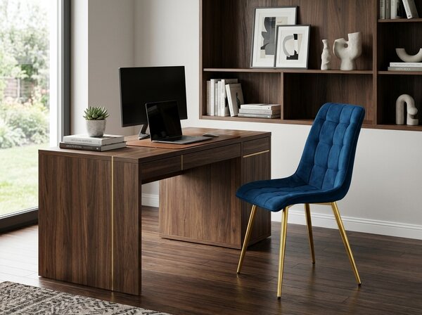 Scaun de masa SPLIT VELVET cu picioare aurii, albastru