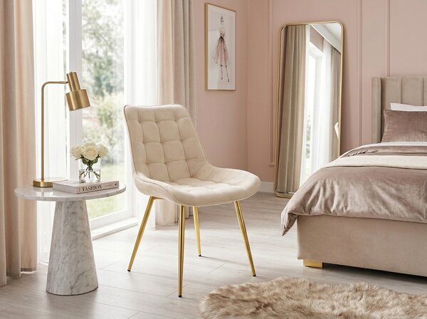 OFERTA Scaun de catifea bej deschis BERA cu picioare aurii II. calitate