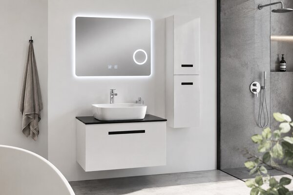 Set Mobilier Baie Troia 80 cm oglinda cu LED, dezaburire si lupa, lavoar ceramic, blat compozit, soldat inclus, MDF total (WB-BC202)