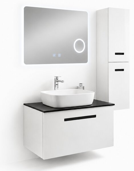 Set Mobilier Baie Troia 80 cm oglinda cu LED, dezaburire si lupa, lavoar ceramic, blat compozit, soldat inclus, MDF total (WB-BC202)
