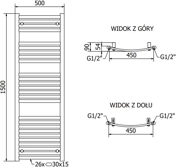 Mexen Helios, element electric de încălzire 1500x500 mm + tijă de încălzire 600 W, crom, W103-1500-500-2600-01