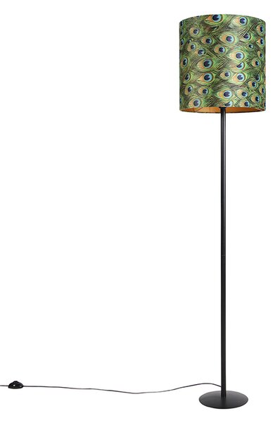 Lampă de podea neagră cu abajur din catifea cu motive de păun auriu 40 cm - Simplo