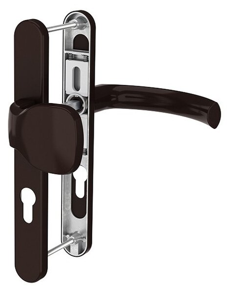 Maner pentru usa PVC, Jowisz, cu sild si buton exterior fix, cu arc, material aluminiu, culoare maro RAL 8077, 85 x 32 mm