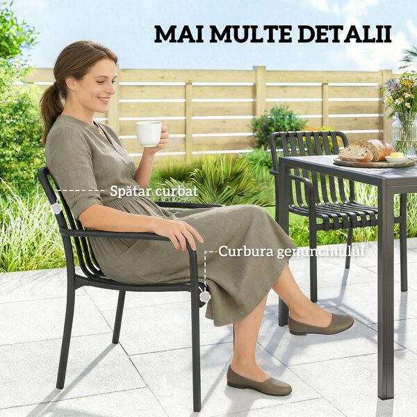 Set 4 Scaune de Grădină Outsunny Stivuibile din PP Rezistent la Razele UV, Scaune de Luat Masa pentru Exterior cu Spătar Ergonomic cu Lamele și Brațe, pentru Terasă, Balcon, Grădină, 55x58,5x81,5 cm, Negru | Aosom Romania