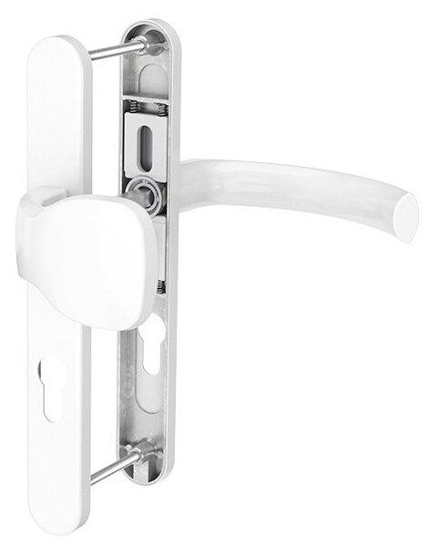 Maner usa exterior, Jowisz, cu sild si buton exterior fix, cu arc, material aluminiu, culoare alb RAL 9016, 85 x 32 mm