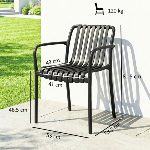 Set 4 Scaune de Grădină Outsunny Stivuibile din PP Rezistent la Razele UV, Scaune de Luat Masa pentru Exterior cu Spătar Ergonomic cu Lamele și Brațe, pentru Terasă, Balcon, Grădină, 55x58,5x81,5 cm, Negru | Aosom Romania