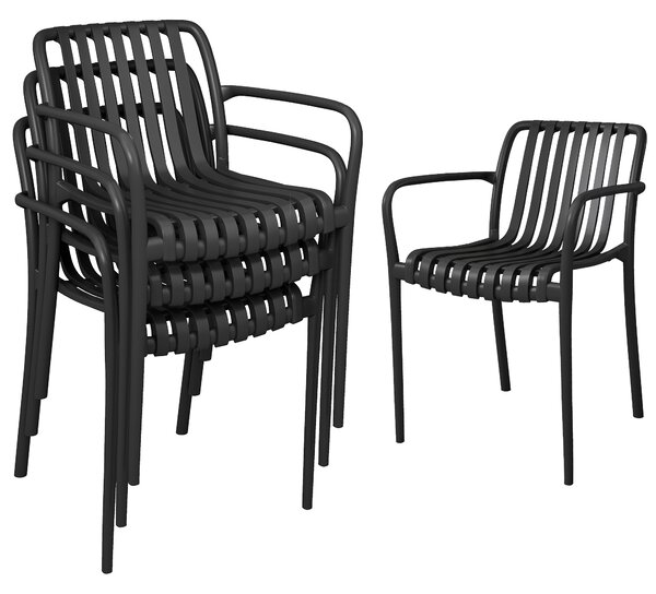 Set 4 Scaune de Grădină Outsunny Stivuibile din PP Rezistent la Razele UV, Scaune de Luat Masa pentru Exterior cu Spătar Ergonomic cu Lamele și Brațe, pentru Terasă, Balcon, Grădină, 55x58,5x81,5 cm, Negru | Aosom Romania