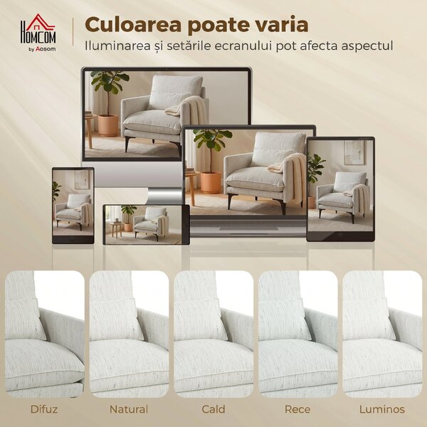 HOMCOM Fotoliu Living Tapițat din Țesătură cu Efect de In cu Brațe, Pernă Lombară și Șezut Generos, Alb | Aosom Romania
