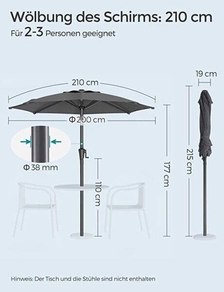 Umbrela de soare, Songmics, 30 grade, 210 cm, UPF 50+, Gri