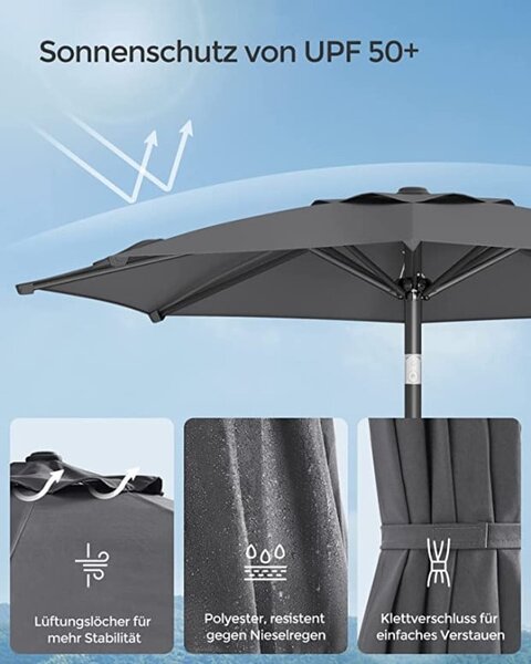 Umbrela de soare, Songmics, 30 grade, 210 cm, UPF 50+, Gri