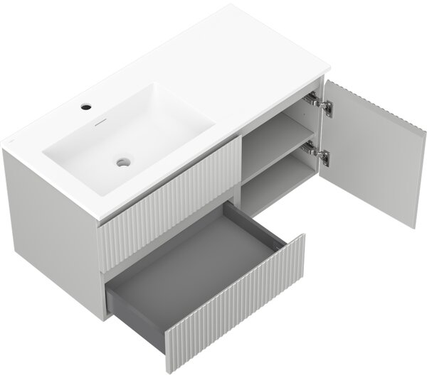 Mexen Rivel, mobilier baie 100 cm cu lavoar Otis stânga, 2S, 1D, canelat, gri mat/alb mat - 91A23-10047-3-BBFFF62-W18L01