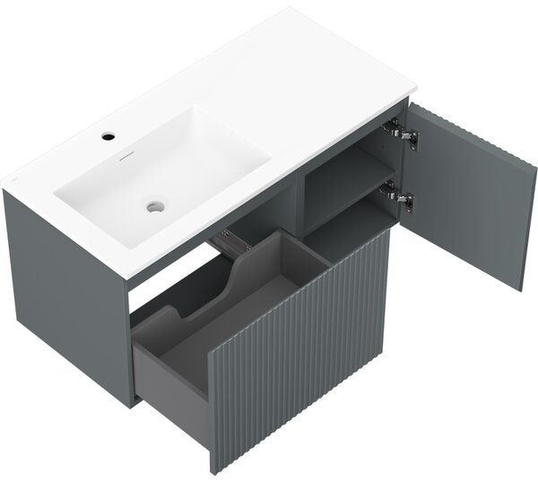 Mexen Rivel, mobilier baie 100 cm cu lavoar Otis stânga, 1S, 1D, canelat, grafit mat/alb mat, 91A23-10047-3-BBFF66-W18L01