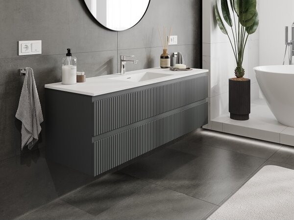 Mexen Rivel, mobilier de baie 140 cm cu lavoar Otis, 2 sertare, canelat, grafit mat/alb mat, 91A20-14047-2-BFF66-W18M