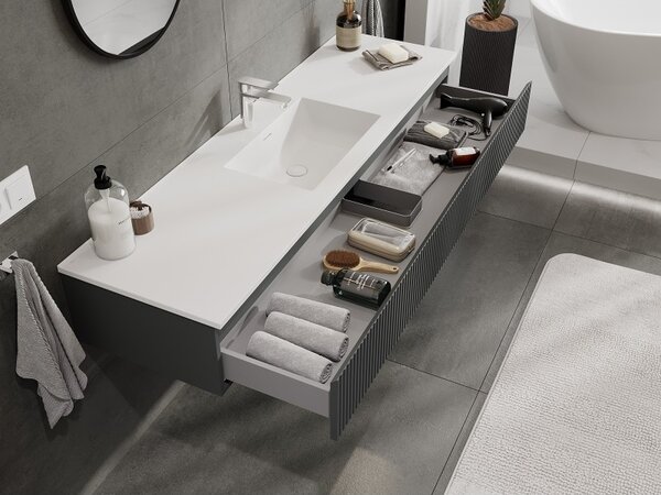 Mexen Rivel, mobilier de baie 160 cm cu lavoar Otis, 1 sertar, canelat, grafit mat/alb mat, 91A20-16023-1-BF66-W18M0