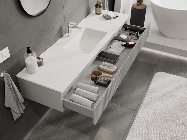 Mexen Rivel, mobilier baie 160 cm cu lavoar Otis, 1 sertar, canelat, gri mat/alb, 91A20-16023-1-BF62-W18M01